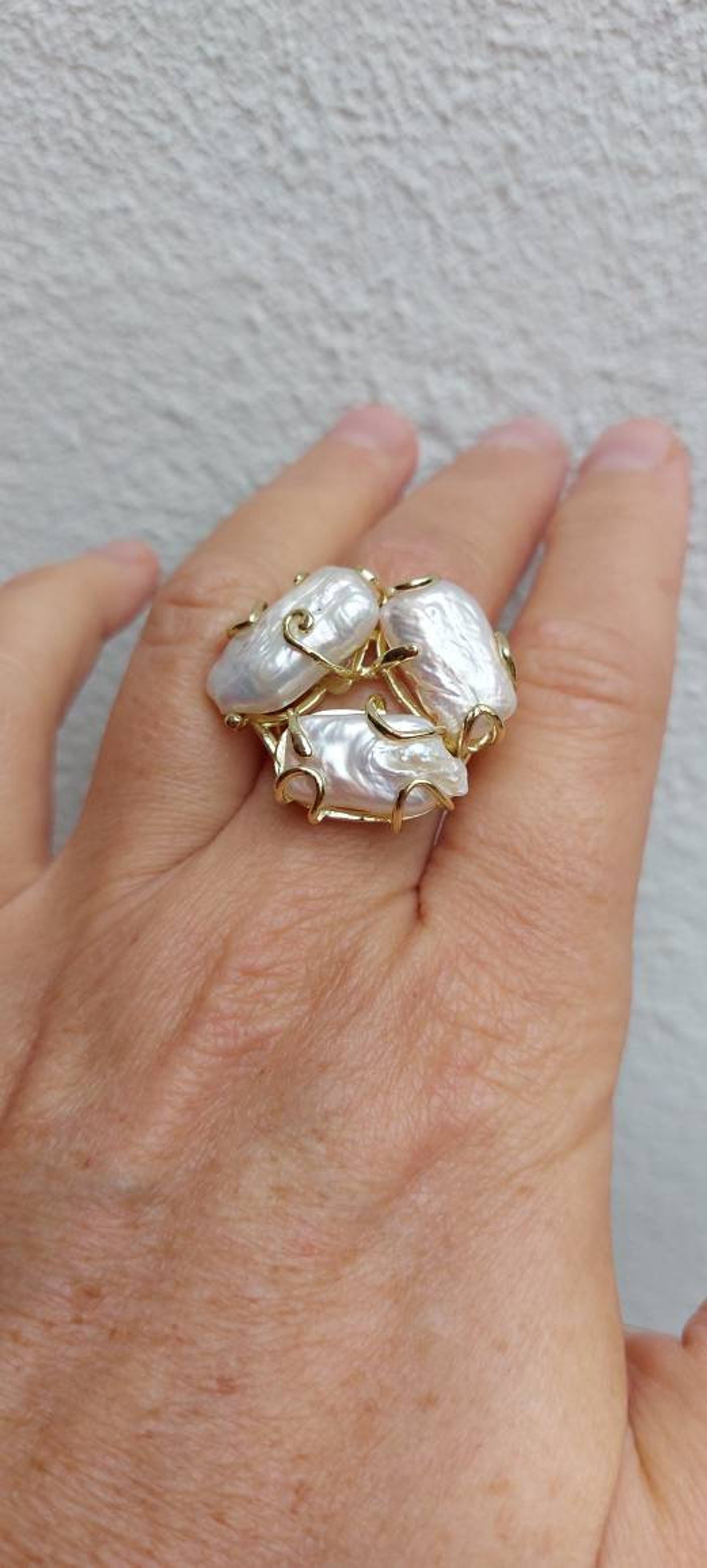 Adjustable Large Rings Real Pearl, Brass Chunky Rings, Oversize Rings ...