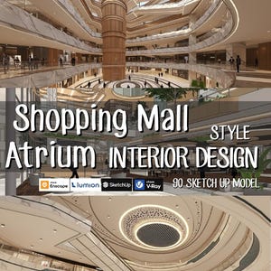 May include: A digital rendering of a shopping mall atrium. The design features multiple levels with curved walkways, glass railings, and a central wooden pillar. The image includes the text "Shopping Mall Atrium INTERIOR DESIGN".