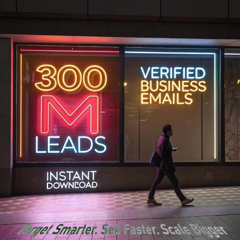 K&ouml;nnte beinhalten: Ein Schaufenster zeigt Leuchtreklamen. Eine zeigt "300 M LEADS" und "INSTANT DOWNLOAD" in Wei&szlig; und Rot. Die andere zeigt "VERIFIED BUSINESS EMAILS" in Gelb. Eine Person geht am Fenster vorbei.