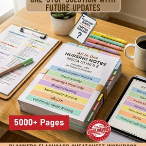 Può includere: Un mega pacchetto di appunti infermieristici con oltre 5000 pagine di materiale di studio stampabile, tra cui infermieristica medico-chirurgica, farmacologia, anatomia, fisiologia, pediatria, salute mentale, ostetricia e ginecologia, e salute comunitaria.