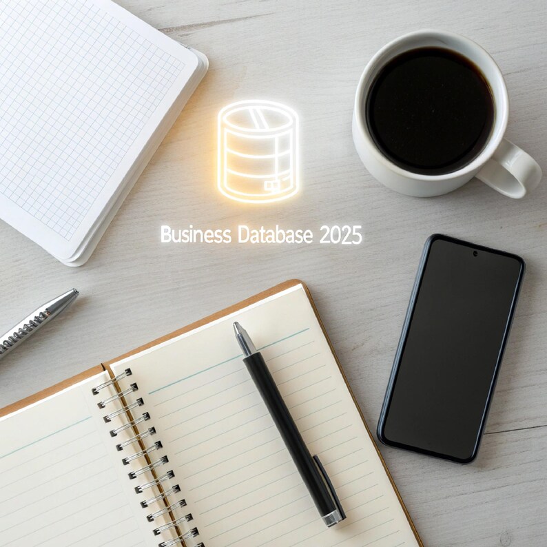 K&ouml;nnte beinhalten: Draufsicht auf einen Arbeitsplatz mit Notizbuch, Stift, Smartphone und Kaffeetasse. Der Text "Business Database 2025" wird mit einem leuchtenden Datenbank-Symbol angezeigt.