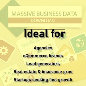 K&ouml;nnte beinhalten: Grafik mit einem hellgelben Banner, auf dem "MASSIVE BUSINESS DATA DOWNLOAD" steht. Darunter steht "Ideal f&uuml;r" und eine Liste: Agenturen, eCommerce-Marken, Lead-Generatoren, Immobilien- und Versicherungsprofis und Startups.