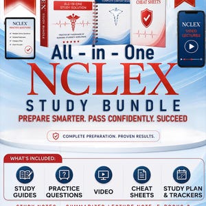 Pacchetto di studio NCLEX / Guida di studio NCLEX per infermieri, Guide di studio, Domande di pratica / Appunti NCLEX di nuova generazione / Pacchetto di studio per la scuola di infermieristica