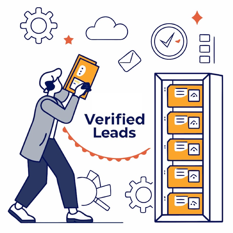 K&ouml;nnte beinhalten: Illustration mit einer Person, die eine Datei mit der Aufschrift &bdquo;Verified Leads&ldquo; h&auml;lt. Das Bild zeigt einen Serverschrank mit orangefarbenen Datei-Boxen, Zahnr&auml;dern, einer Wolke, einem H&auml;kchen und einem Umschlag. Die Farbpalette umfasst Orange, Blau und Wei&szlig;.