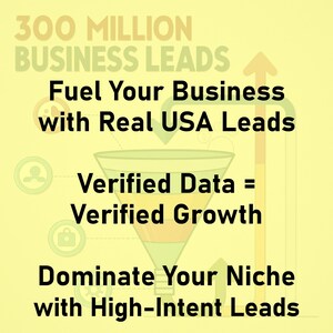 K&ouml;nnte beinhalten: Gelbe Grafik mit dem Text "300 MILLION BUSINESS LEADS". Es enth&auml;lt auch die S&auml;tze "Fuel Your Business with Real USA Leads", "Verified Data = Verified Growth" und "Dominate Your Niche with High-Intent Leads."