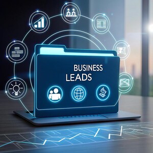 K&ouml;nnte beinhalten: Eine digitale Illustration eines Laptops, der einen Ordner mit der Aufschrift "BUSINESS LEADS" anzeigt. Der Ordner ist von leuchtenden Symbolen umgeben, die Gesch&auml;ftskonzepte darstellen. Der Hintergrund zeigt eine verschwommene Stadtlandschaft und ein Datendiagramm.