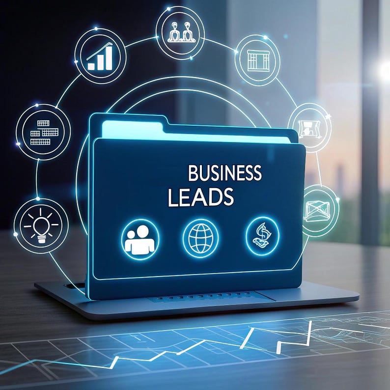 K&ouml;nnte beinhalten: Eine digitale Illustration eines Laptops, der einen Ordner mit der Aufschrift "BUSINESS LEADS" anzeigt. Der Ordner ist von leuchtenden Symbolen umgeben, die Gesch&auml;ftskonzepte darstellen. Der Hintergrund zeigt eine verschwommene Stadtlandschaft und ein Datendiagramm.