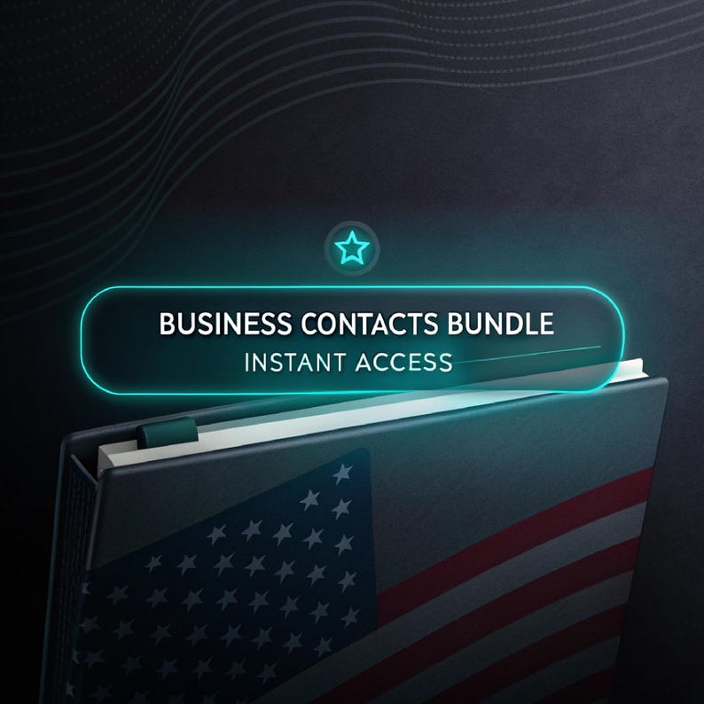 K&ouml;nnte beinhalten: Ein Buch mit der amerikanischen Flagge auf dem Cover. Der Text "BUSINESS CONTACTS BUNDLE" und "INSTANT ACCESS" wird in einem leuchtend blauen Rechteck &uuml;ber dem Buch angezeigt. Der Hintergrund ist dunkel mit abstrakten Linien.