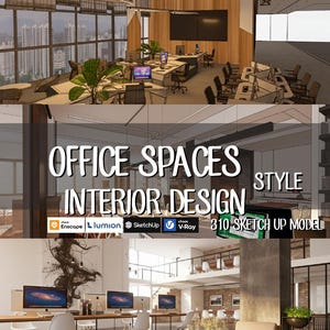 Może przedstawiać: Obraz prezentujący koncepcje aranżacji wnętrz dla przestrzeni biurowych. Obraz przedstawia różne układy biur z biurkami, komputerami i miejscami do siedzenia. Nakładka tekstowa brzmi "OFFICE SPACES INTERIOR DESIGN STYLE 310 SKETCH UP MODEL".
