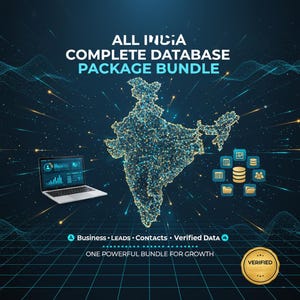 May include: A digital graphic promoting an "All India Complete Database Package Bundle." The image features a glowing map of India, a laptop displaying data, and icons representing data storage and access. Text includes "Business, Leads, Contacts, Verified Data" and "One Powerful Bundle for Growth."