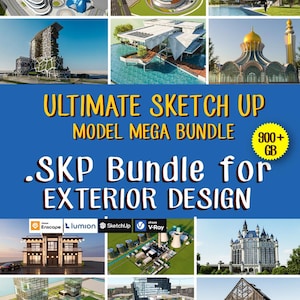 May include: A digital graphic promoting an exterior design bundle. The image features architectural renderings of various buildings, with text that reads "ULTIMATE SKETCH UP MODEL MEGA BUNDLE" and "SKP Bundle for EXTERIOR DESIGN". The image also includes software logos.