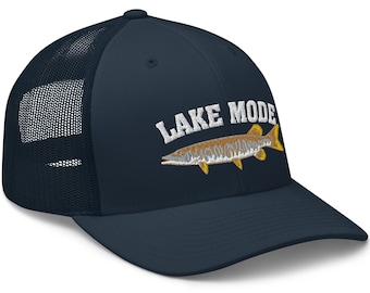 Available in Colors, Embroidered, Lake Mode Trucker Cap. MUSKIE FISHING HAT