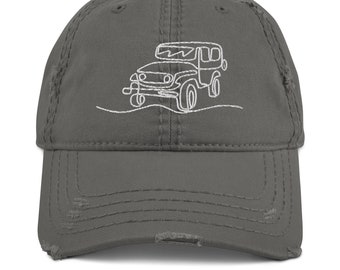 Available in Colors, Embroidered Distressed Dad Hat. Continuous Single Hand Drawn Line. Adventure Off Road Rally 4X4