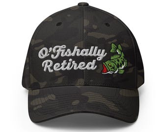 O'Fishally Retired MultiCam Black Fitted Closed-Back Structured Twill Cap - Embroidered Fishing Hat - Funny Retirement Party Gift