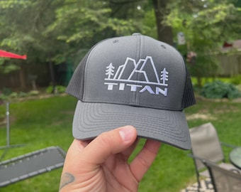 CUSTOM TEXT - Mountains of TITAN - 4x4 Embroidered Hat - Off Roading Trucker Mesh Cap