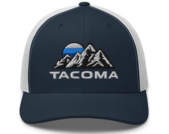 Custom Text Blue Tri-Color Tacoma Mountains Trucker Cap