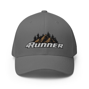 May include: A gray baseball cap with the word "RUNNER" embroidered in white, above a mountain and pine tree design in brown and black. The cap has a curved brim and a structured fit.