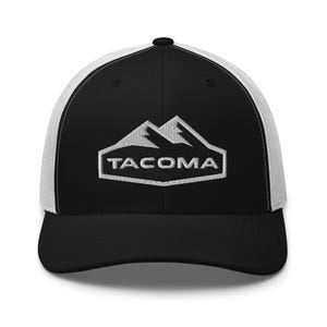 Custom Text . TACOMA MOUNTAINS HAT . Embroidered Trucker Cap