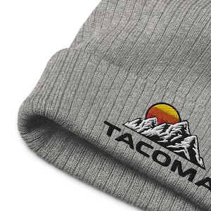 TACOMA City Mountains, Washington State. Camping, Hiking, Off Roading Ribbed Knit Beanie for Him, Her. For Men, Women.