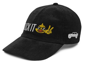 Available in Colors - DUCK IT Vintage Corduroy Cap - Ducking and Off Roading Thing Hat - Rubber Duck Hand Wave Peace Sign
