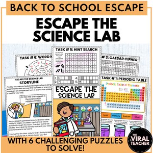 May include: A colorful printable escape room game for kids with the title "Escape the Science Lab". The game includes six challenging puzzles to solve, including a word search, a Caesar cipher, and a periodic table.