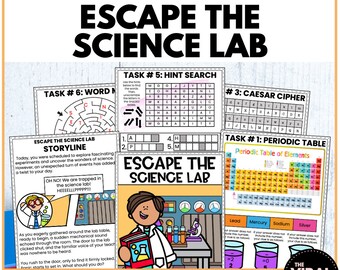 Puede incluir: Un juego de escape imprimible colorido para niños con el título "Escape the Science Lab". El juego incluye seis rompecabezas desafiantes para resolver, incluyendo una búsqueda de palabras, un cifrado César y una tabla periódica.