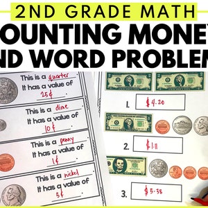 Counting U.S. Dollar Bills and Coins and Solving Money Word Problems Math Worksheets for 2nd Graders