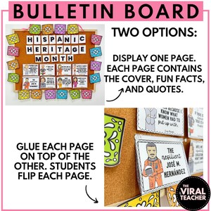 May include: A bulletin board decorated with colourful paper cutouts and a title that reads "Hispanic Heritage Month". The board is divided into sections with information about Hispanic heritage, including fun facts and quotes. The board is designed to be used as a teaching tool for students.