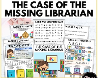 Puede incluir: Un juego de escape imprimible colorido para niños con el título "El caso del bibliotecario desaparecido". El juego incluye seis rompecabezas diferentes para resolver, incluyendo un criptograma, un cuadrado de Polybio y un rompecabezas de primera imagen.