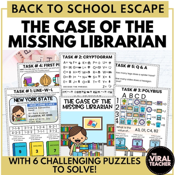 Missing Librarian Escape Room Puzzle Game for Kids (PDF Pattern)