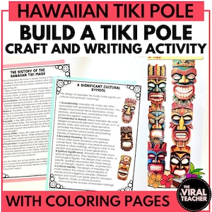 Puede incluir: Un recurso educativo colorido titulado "Hawaiian Tiki Pole Build a Tiki Craft and Writing Activity". La imagen presenta una pila de máscaras tiki talladas, texto informativo y páginas para colorear. El texto describe la historia y el significado cultural de las máscaras tiki.