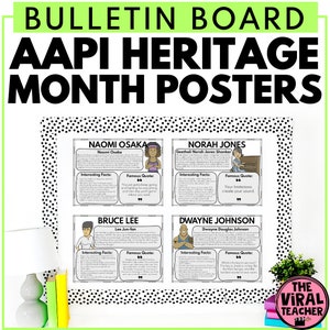 Può includere: Poster del Mese del Patrimonio AAPI su una bacheca. I poster presentano Naomi Osaka, Norah Jones, Bruce Lee e Dwayne Johnson, con fatti e citazioni interessanti. Il testo in alto recita "BULLETIN BOARD AAPI HERITAGE MONTH POSTERS."