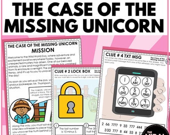 Puede incluir: Juego de escape room para niños con un fondo rosa y un título que dice "El caso del unicornio desaparecido". El juego incluye pistas y rompecabezas para resolver. El juego está diseñado para que los niños trabajen juntos para resolver el misterio.