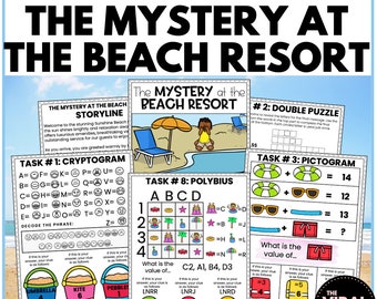 Puede incluir: Juego de escape room para niños con temática de playa. El juego incluye una variedad de tareas, que incluyen un criptograma, un rompecabezas doble, un pictograma y un cuadrado de Polybius. El juego está diseñado para ser divertido y desafiante para niños de todas las edades.