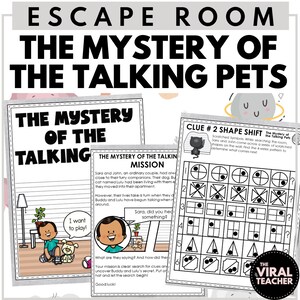Op de afbeelding: Escape room spel voor kinderen met het mysterie van de pratende huisdieren. Het spel bevat een aanwijzingsblad met een vormverschuivingsraadsel en een verhaal over een stel en hun huisdieren. Het spel is ontworpen voor kinderen om puzzels op te lossen en aanwijzingen te vinden.