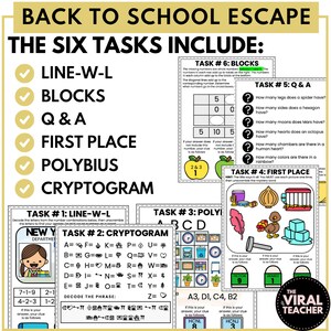 May include: A colorful printable escape room activity for kids with six tasks: Line-W-L, Blocks, Q&A, First Place, Polybius, and Cryptogram. The tasks include a variety of puzzles and challenges, such as decoding messages, solving logic problems, and finding hidden clues.
