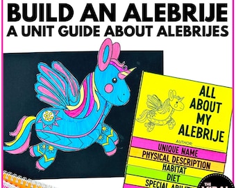 May include: A colorful, paper craft project for kids to learn about Mexican folk art. The project includes a template for a mythical creature called an alebrije, with instructions to create a unique name, physical description, habitat, diet, special abilities, and adventures for the creature. The text "All About My Alebrije" is on the paper.