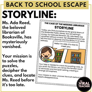 May include: A colorful illustration of a library escape room game. The text reads "The Case of the Missing Librarian" and "Storyline". The text describes a missing librarian and asks players to solve puzzles and find clues to locate her before it's too late.