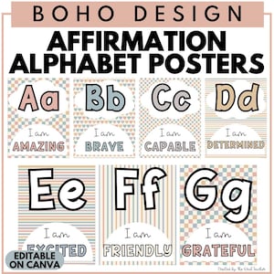 Alphabet Poster, Boho Klassenzimmer Thema, Affirmation Alphabet Poster Bulletin Board Display und Boho Klassenzimmer Dekor, bearbeitbare Poster