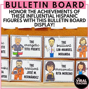May include: A bulletin board display with colourful cards featuring portraits of influential Hispanic figures. Each card includes a descriptive phrase, such as "The energetic Tito Puente" and "The brilliant Lin-Manuel Miranda".