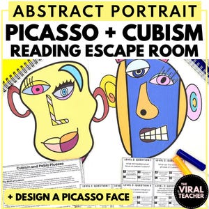 Op de afbeelding: Twee kleurrijke abstracte gezichten in de stijl van Pablo Picasso, met de tekst "Picasso + Kubisme Lees Escape Room" bovenaan de afbeelding. De gezichten zijn geel, blauw en rood, met geometrische vormen en lijnen. De tekst "Ontwerp een Picasso-gezicht" staat onderaan de afbeelding.