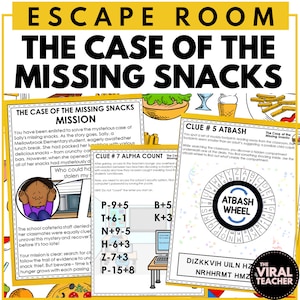 May include: Escape room game for children with a colourful design. The game is called "The Case of the Missing Snacks". The game includes clues, puzzles, and a code wheel. The game is designed to be played by children in a primary school setting.