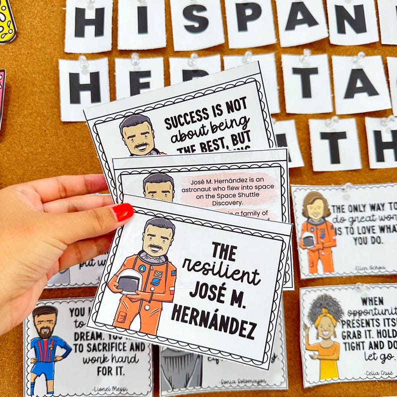 May include: A set of four inspirational quote cards featuring illustrations of astronauts. The quotes are: "Success is not about being the best, but...", "The only way to do great work is to love what you do.", "You have to dream. To sacrifice and work hard for it.", and "The resilient Jos&eacute; M. Hern&aacute;ndez".
