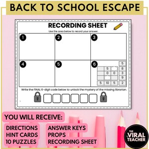 May include: A printable recording sheet for a back to school escape room game. The sheet has a grid with six boxes numbered 1 through 6. The grid is used to record answers to puzzles. The sheet also includes a lock with six blank spaces for a code. The text "Write the FINAL 6-digit code below to unlock the mystery of the missing librarian." is printed below the lock.