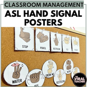 May include: A corkboard with a set of classroom management posters featuring American Sign Language (ASL) hand signals. The posters are printed on white paper and have black outlines. The signs include "Stop", "Pencil", "Restroom", "Yes", "Please", "Water", "Show Me", "Work", and "Yes".