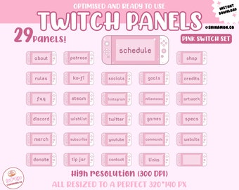 29x Cute Switch Pink Twitch Panels Set / Badges / Kawaii / Discord / Streamer / Sparkle / Aesthetic / Pastel / Graphics / Adorable