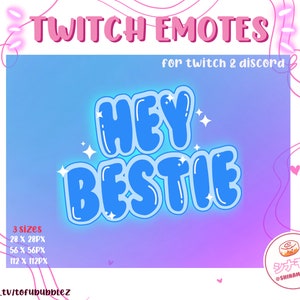 以下が含まれることがあります： ピンク色の「TWITCH EMOTES」と青いバブルレターの「HEY BESTIE」というテキストが入ったデジタルグラフィック。画像には「for twitch & discord」というテキストとサイズ寸法が含まれています。シナモンロールのロゴが右下にあります。