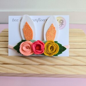 Bunny ears orange sparkle felt flower headband, Easter bunny dress up play, baby girl headband, first birthday, floral crown, handmade bow