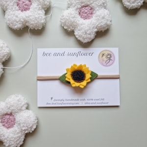 Golden yellow mini sunflower felt flower headband Baby girl first birthday party outfit Flower crown Flower girl Dress up toddler girl