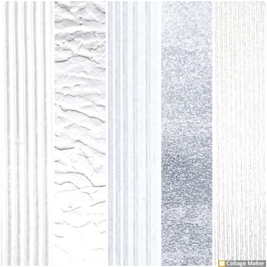 May include: A collage of five vertical panels showcasing various white and silver textures. The textures include vertical stripes, a crumpled paper effect, more stripes, a speckled pattern, and fine vertical lines. The overall aesthetic is clean and minimalist.